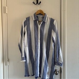 Tommy Bahama Women’s Small Blue White Striped Linen Blend Tunic Shirt Fringe Hem